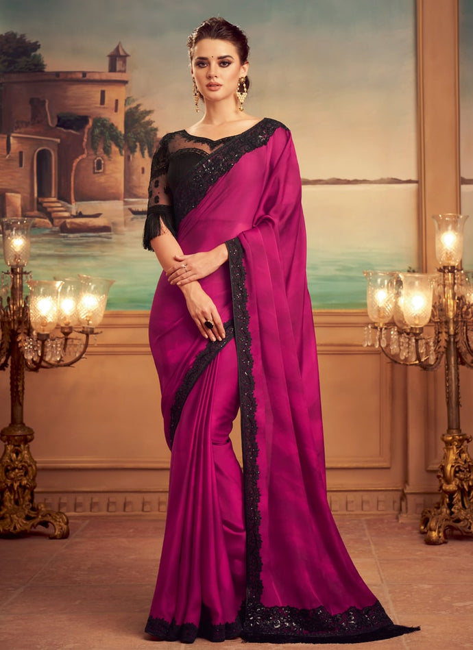 sweetheart neckline hot pink saree with sequins worked blouse