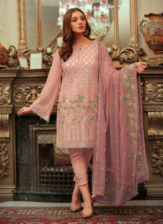 Alluring Georgette Fabric Pink Color Resham Work Pant Style Suit