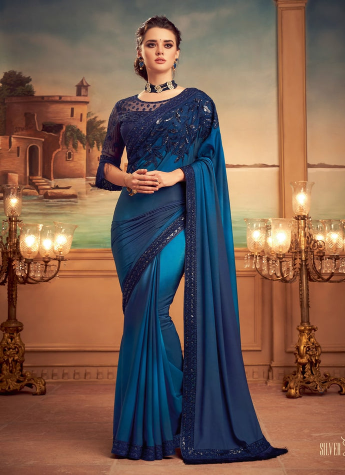 partywear Double shaded navy blue colored sequins saree