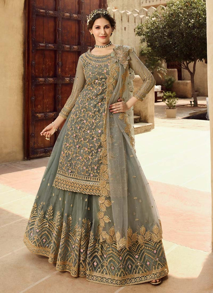 splendid soft net base flared sharara suit with embroidery work