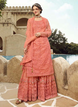 Load image into Gallery viewer, glamorous peach color lucknowi work base flared sharara suit
