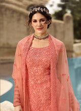 Load image into Gallery viewer, buy glamorous peach color lucknowi work base flared sharara suit
