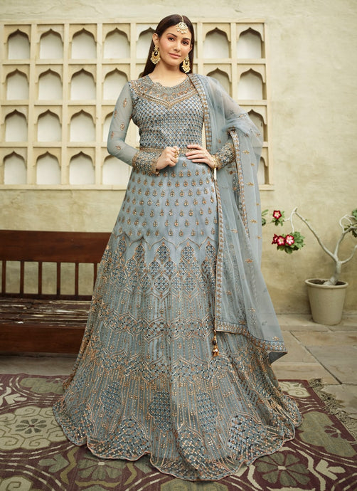 extraordinary aqua blue colored heavy work embroidered gown