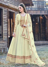 Load image into Gallery viewer, Beige Elegant silk base printed anarkali salwar kameez suit
