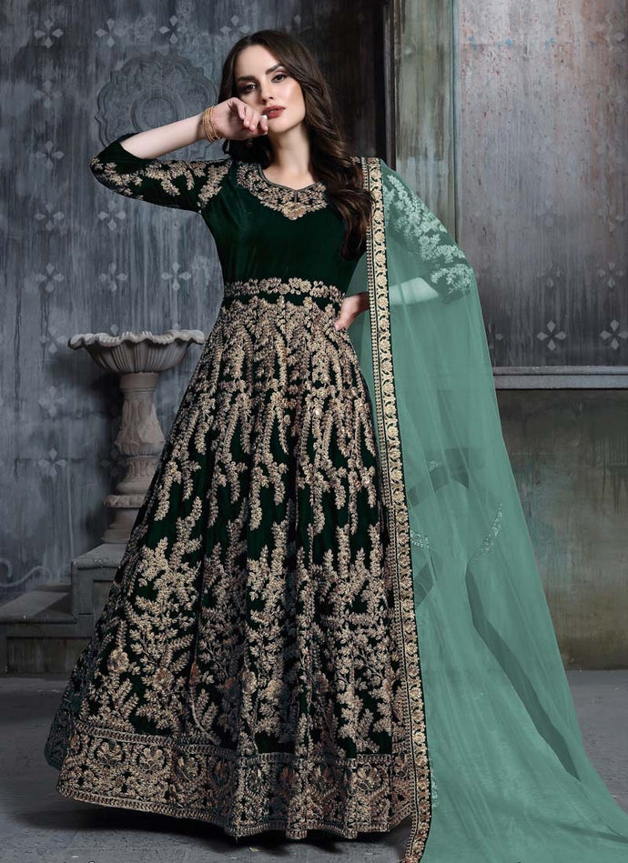 Adorable Dark Green color Velvet fabric Zari work Designer Gown