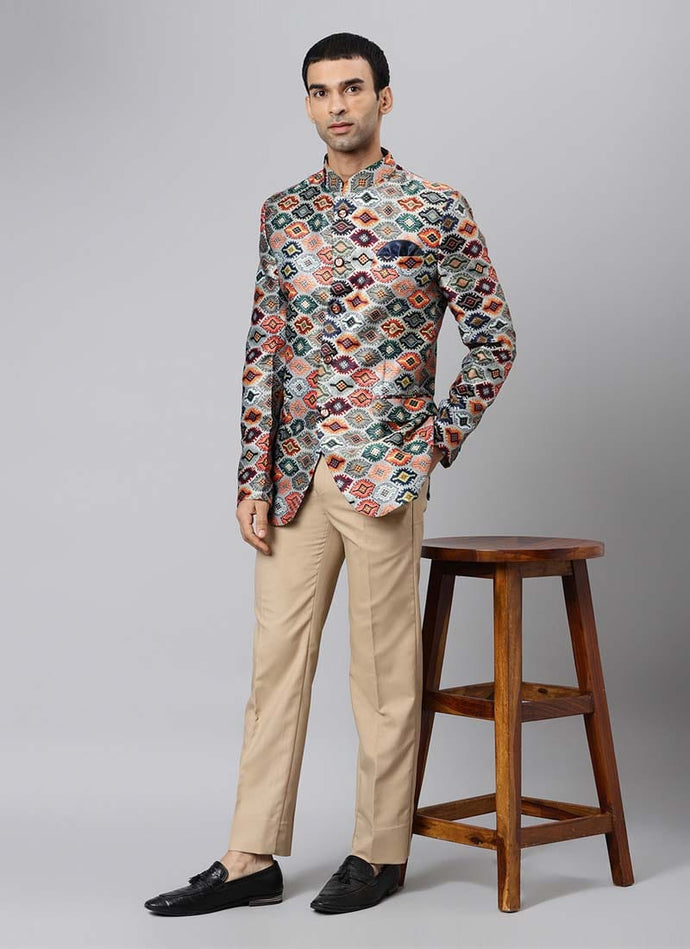 Grey Color Printed Pattern Regular Fit Designer Jodhpuri Suit