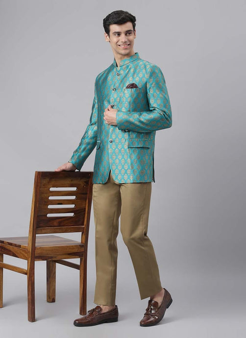 Green Color Polyester Viscose Fabric Regular Fit Printed Jodhpuri Suit