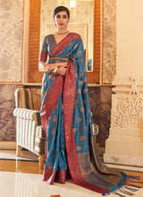 Load image into Gallery viewer, Blue color Silk base half sleeves V-neck blouse Silk weave Saree
