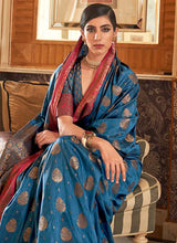 Load image into Gallery viewer, Shop Blue color Silk base half sleeves V-neck blouse Silk weave Saree
