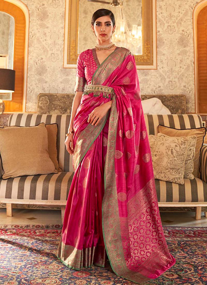 Deep Pink color Silk fabric V-neck half sleeves blouse Silk weave Saree