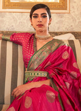 Load image into Gallery viewer, Order Deep Pink color Silk fabric V-neck half sleeves blouse Silk weave Saree
