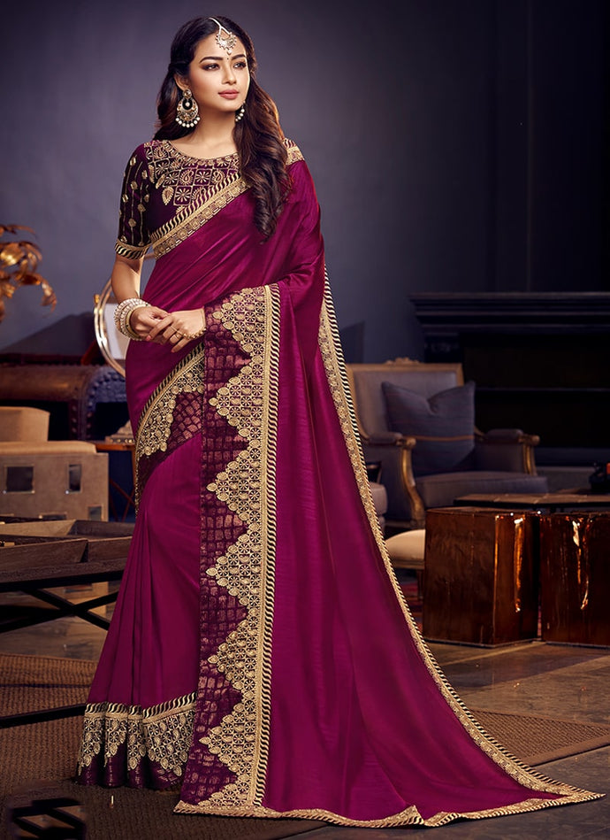 trendy magenta and maroon contrast colored silk base saree