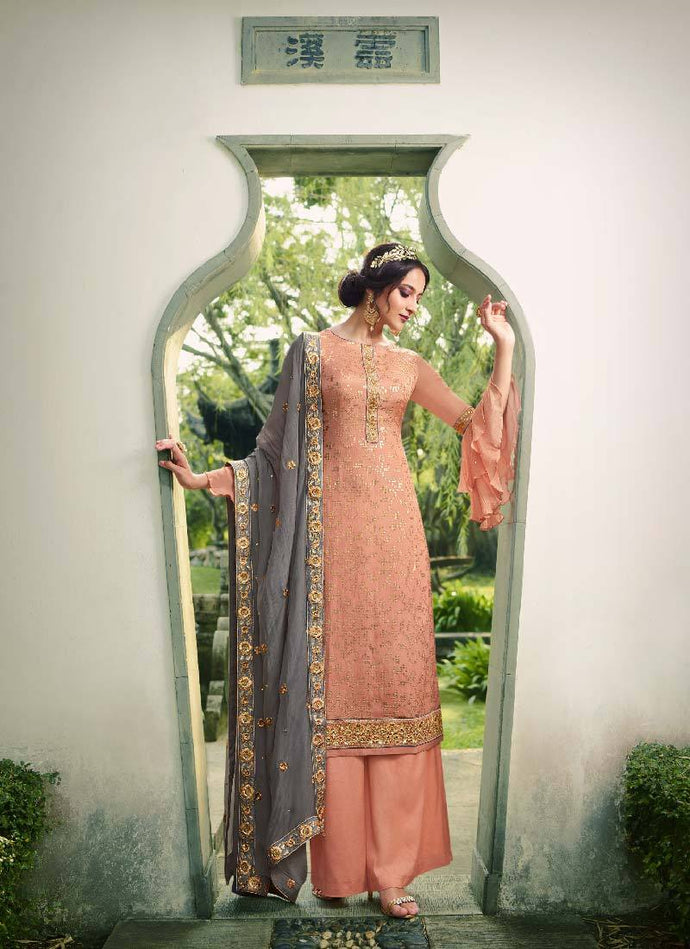 impressive peach color sequins and beads work palazzo suit