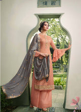 Load image into Gallery viewer, Buy impressive peach color sequins and beads work palazzo suit
