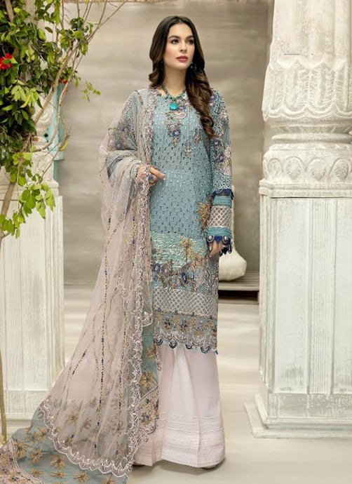 Kimono patterned net sleeves turquoise colored Pakistani suit