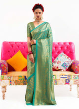 Load image into Gallery viewer, Green color Silk fabric half sleeves blouse Saree with Silk weave
