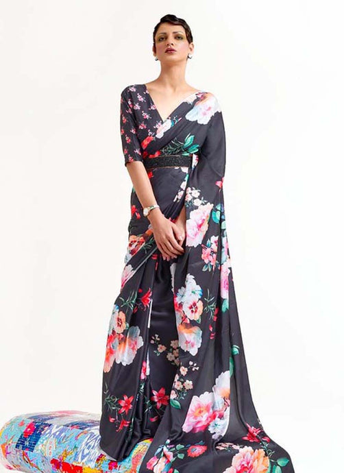 Half sleeves V-neck blouse Black color Crepe fabric Printed Floral Saree