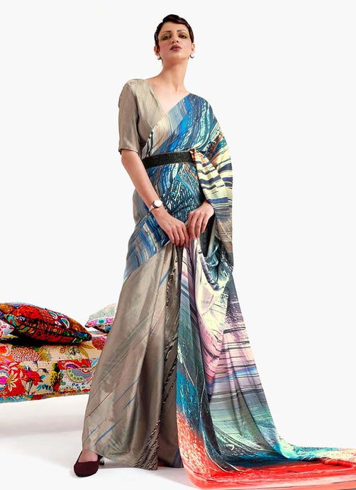 Crepe fabric V-neck blouse Multi color Printed Plain Saree