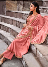 Load image into Gallery viewer, coral peach colored resham worked silk base pant style suit
