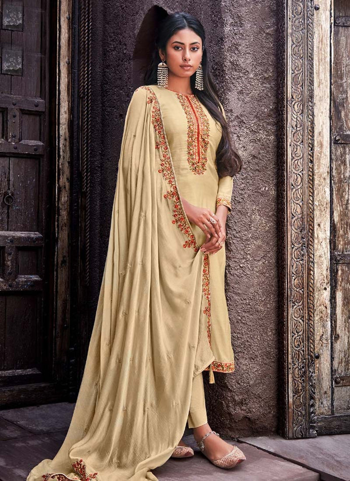 cream colored resham worked silk base pant style suit