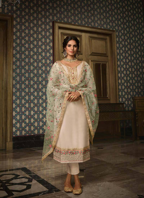 glorious off-white color beads and dori work salwar suit eith designer dupatta