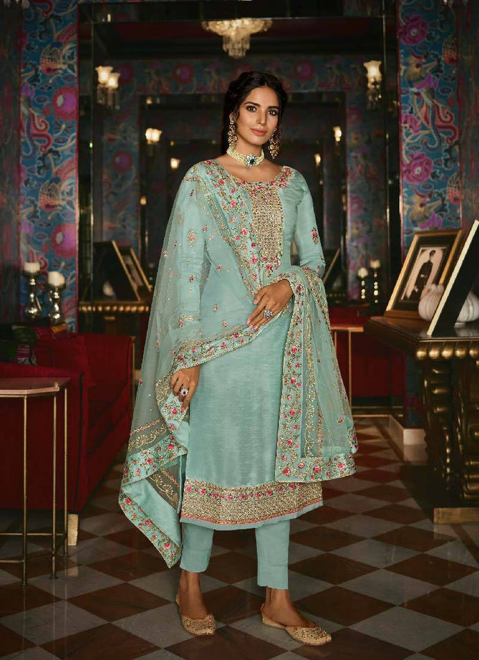 stylish sea green color resham and Zari work salwar suit with designer dupatta