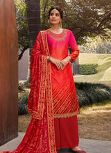 Load image into Gallery viewer, Orange Color Satin Fabric Zari Work Printed Palazzo Salwar Suit
