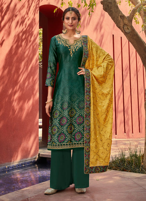 Dark Green Color Zari Work Satin Fabric Printed Palazzo Salwar Suit