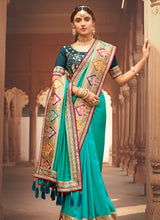 Load image into Gallery viewer, Buy online Turquoise Color Silk Base Zari And Lace Work Half And Half Saree
