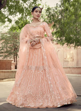 Load image into Gallery viewer, Charming peach color soft net base sequins work lehenga choli
