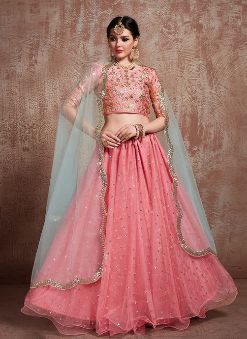 Glossy Pink Color Soft Net Base With Sequins Work Lehenga Choli