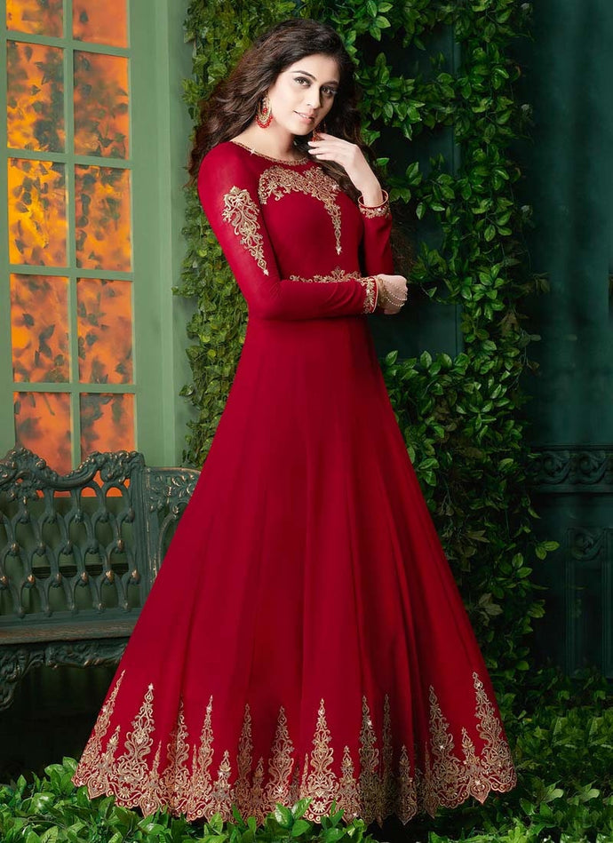 red colored embroidered designer gown with contrast dupatta
