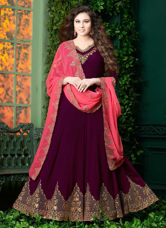 wine colored embroidered designer gown with contrast dupatta