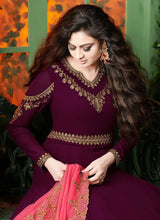 Load image into Gallery viewer, buy wine colored embroidered designer gown with contrast dupatta
