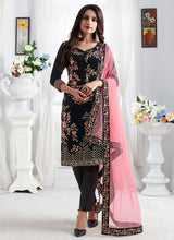 Load image into Gallery viewer, Amazing black partywear embroidered velvet base salwar suit
