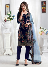 Load image into Gallery viewer, Amazing blue partywear embroidered velvet base salwar suit
