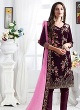 Load image into Gallery viewer, Amazing wine partywear embroidered velvet base salwar suit
