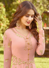 Load image into Gallery viewer, Shop pastel peach colored partywear embroidered slit cut suit
