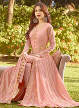 Load image into Gallery viewer, buy pastel peach colored partywear embroidered slit cut suit
