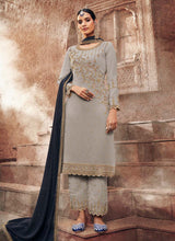 Load image into Gallery viewer, Jewel neck Grey color Georgette base Zari work Pant style suit
