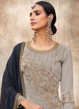 Load image into Gallery viewer, buy Jewel neck Grey color Georgette base Zari work Pant style suit
