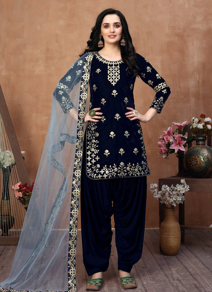 novelty navy blue colored Punjabi suit with soft net dupatta