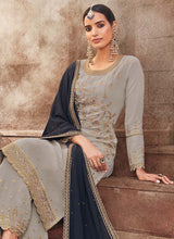 Load image into Gallery viewer, shop Jewel neck Grey color Georgette base Zari work Pant style suit
