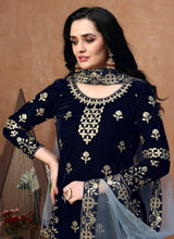 Load image into Gallery viewer, Shop novelty navy blue colored Punjabi suit with soft net dupatta
