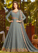 Load image into Gallery viewer, terrific sky blue colored designer embroidered gown
