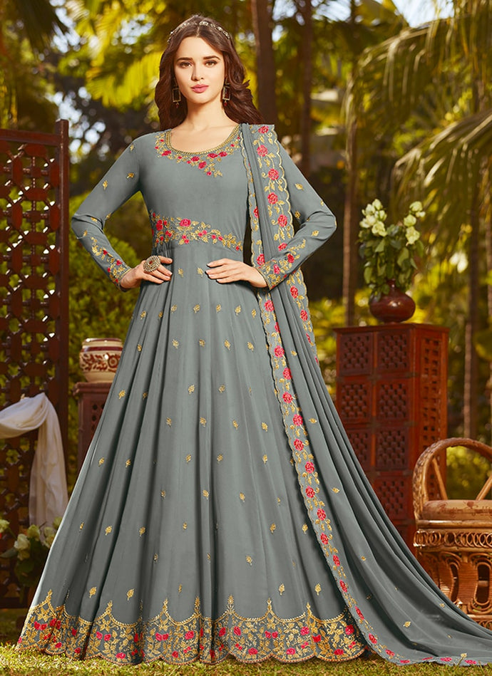 terrific sky blue colored designer embroidered gown