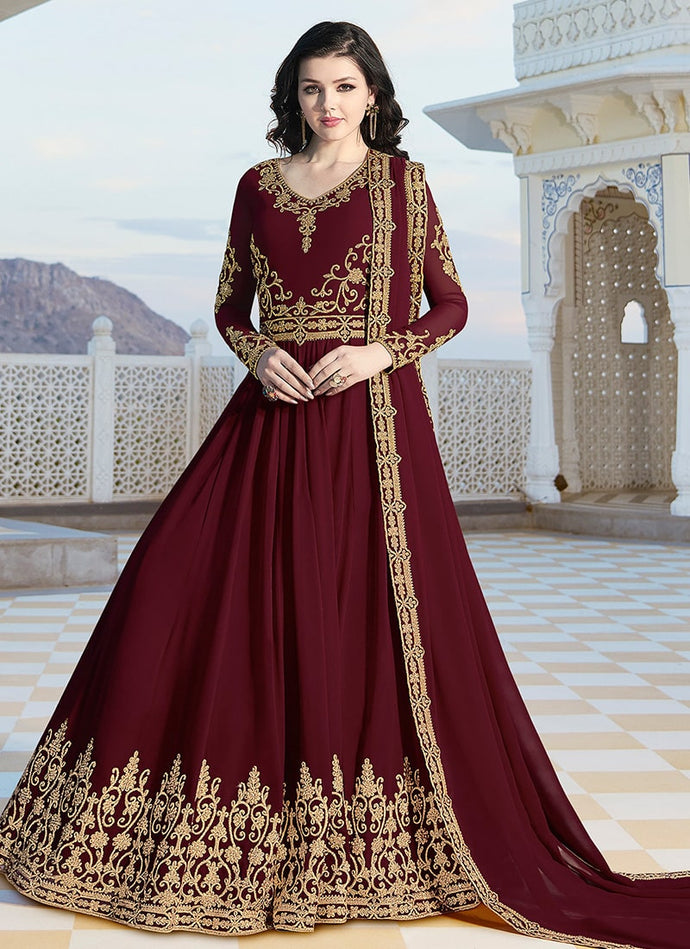 Chilli red colored embroidered designer gown