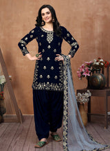 Load image into Gallery viewer, Buy novelty navy blue colored Punjabi suit with soft net dupatta
