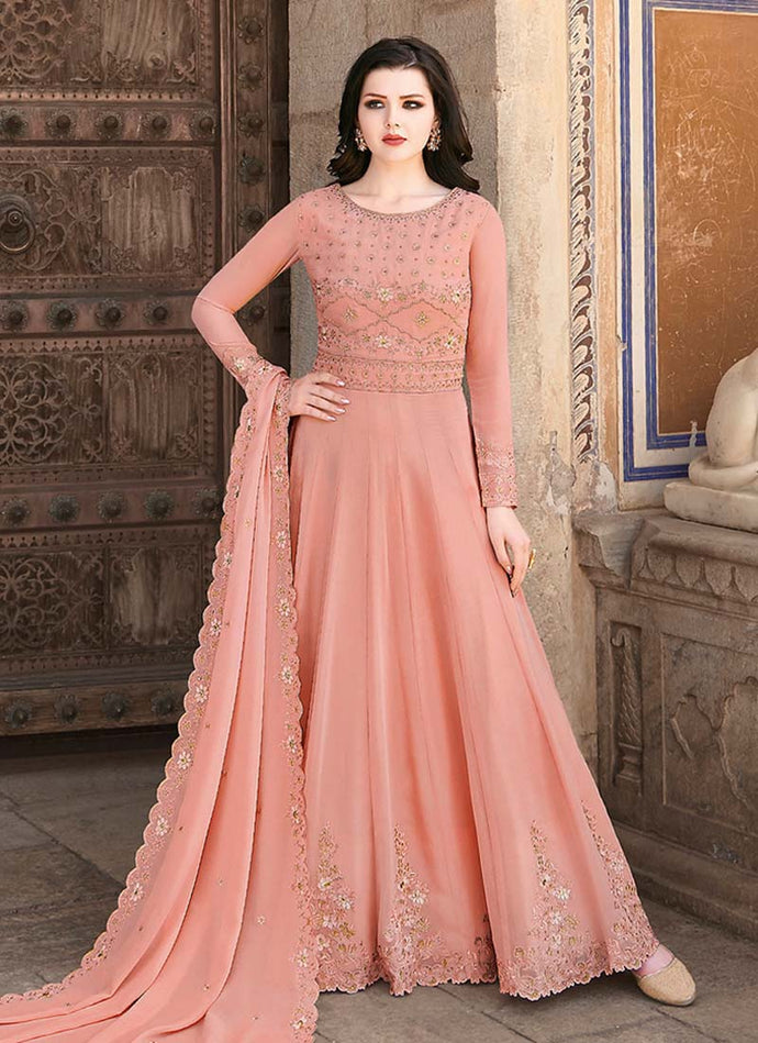 Georgette fabric Peach color Stone and Resham work Gown
