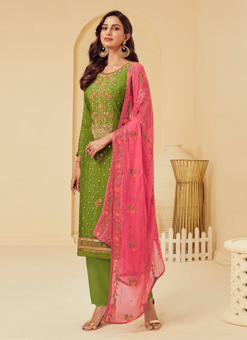 Green color pant style suit multiple worked with contrast dupatta